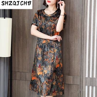 shzq summer silk dress mulberry silk womens dress new loose large medium and long floral skirt