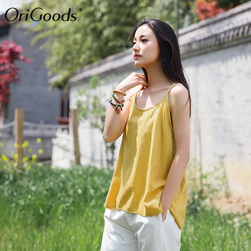 Оригинальная Женская майка из хлопка и льна на тонких бретелях для лета модель B282