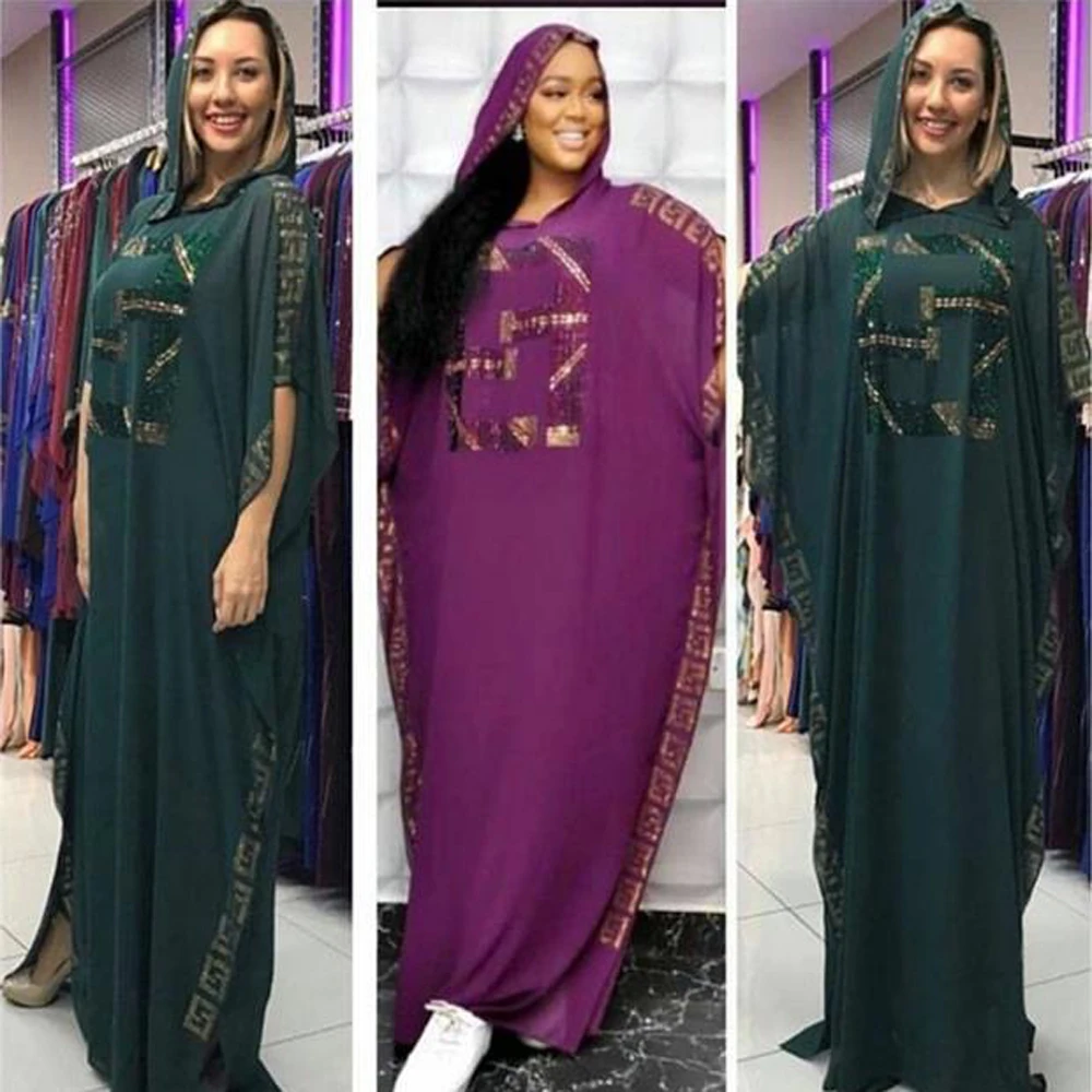 

African Muslim Abaya Dress Women Hooded Africa Chiffon Vestidos Batwing Sleeve Soild Diamonds Dresses