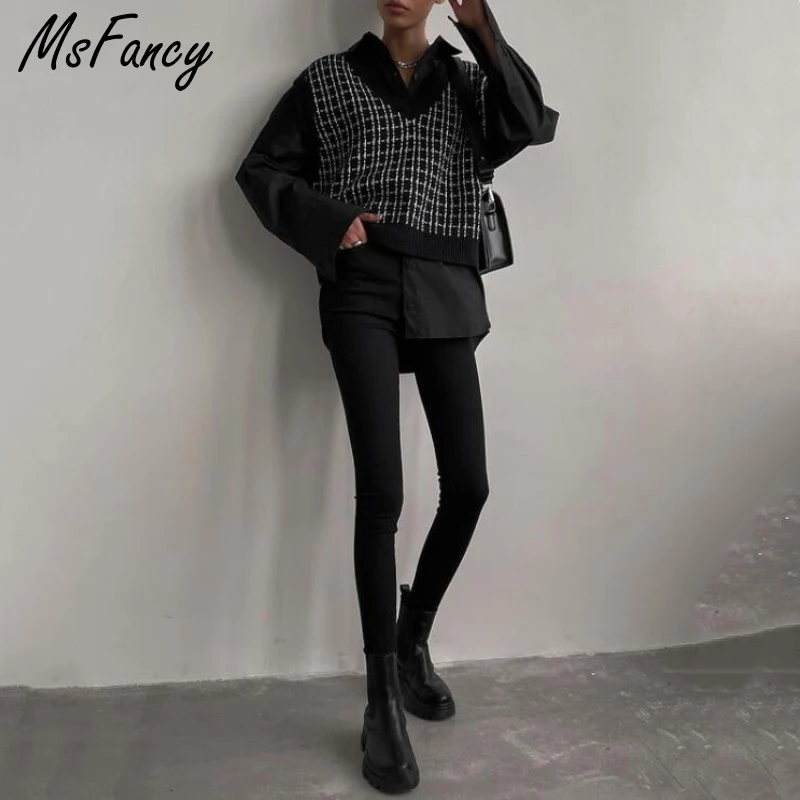 Msfancy клетчатый свитер жилет Женский вязаный пуловер без рукавов с V образным