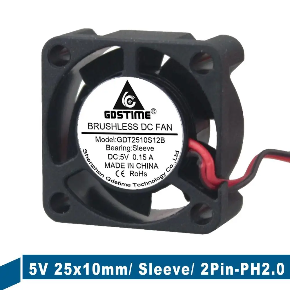 2шт. Gdstime DC 5V 2Pin 2510 25*25*10мм Пластиковый вентилятор охлаждения Mini 25мм Бесщеточный ноутбук Система охлаждения 3D-принтер