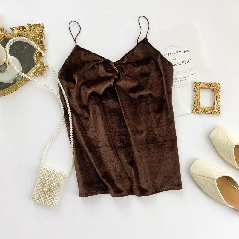 Осенняя Женская кружевная Вельветовая Облегающая майка на пуговицах