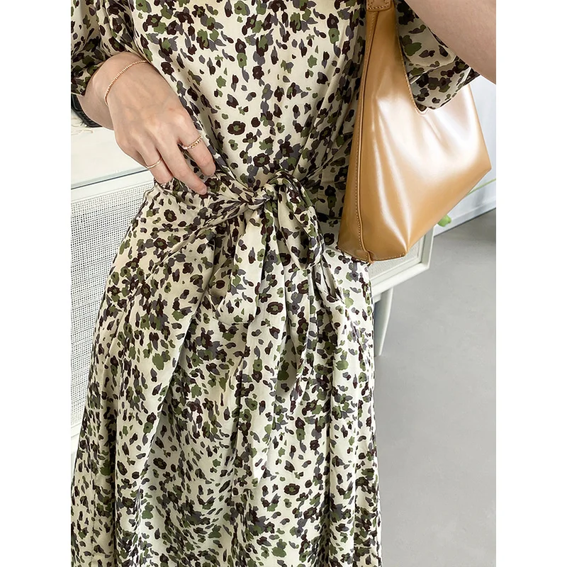 

Leopard Bandage Belt Chiffon Dress Women Short Sleeve Slim Long Dresses