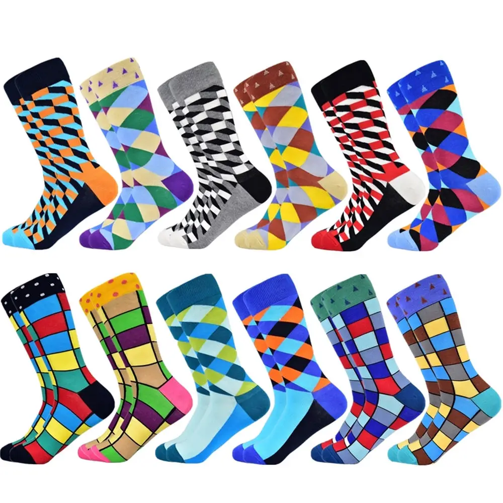 12 pairs socks-22 Популярные мужские носки из чесаного хлопка подарки для мужчин клетчатые геометрические повседневные мужские носки Цветные счастливые мужские носки - Цвет: 12 pairs socks-22
