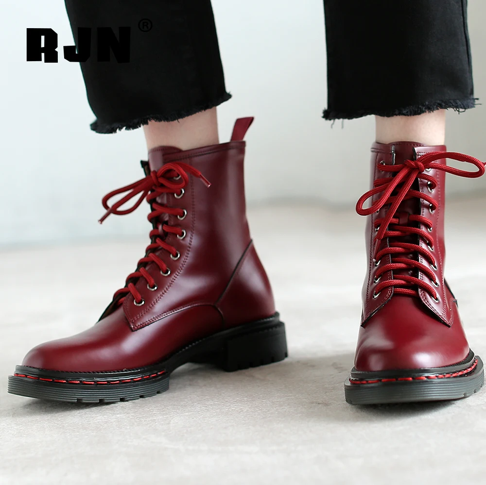 Harga RJN Kasual Baru Semata Kaki Fashion Buatan Tangan Asli Kulit Bulat Toe Lace-Up Sepatu Square Tumit Rendah Wanita Bergaya Sepatu RO173