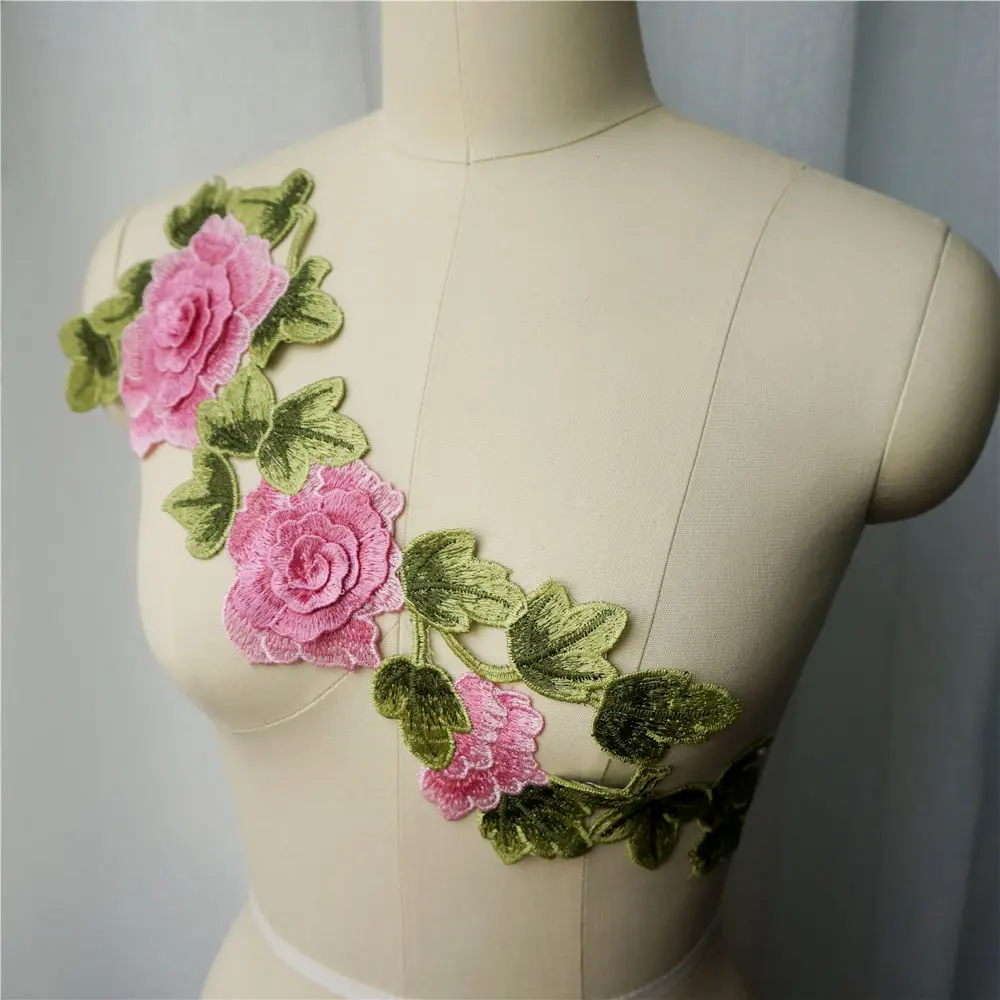 Розовая вышитая 3D Цветочная аппликация в виде листьев кружевной тканевый