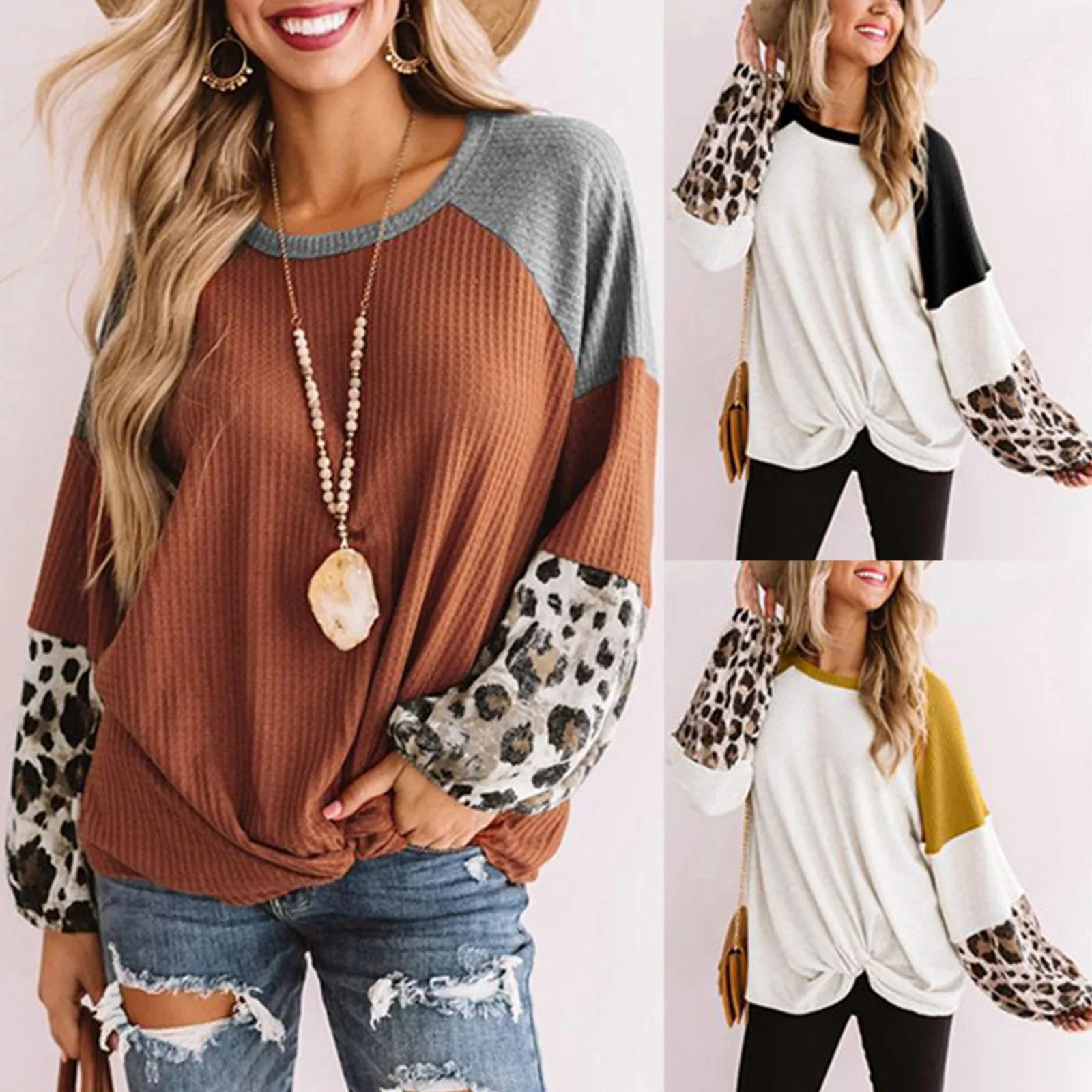 

Женская трикотажная футболка с леопардовым принтом, с длинным рукавом и круглым вырезом