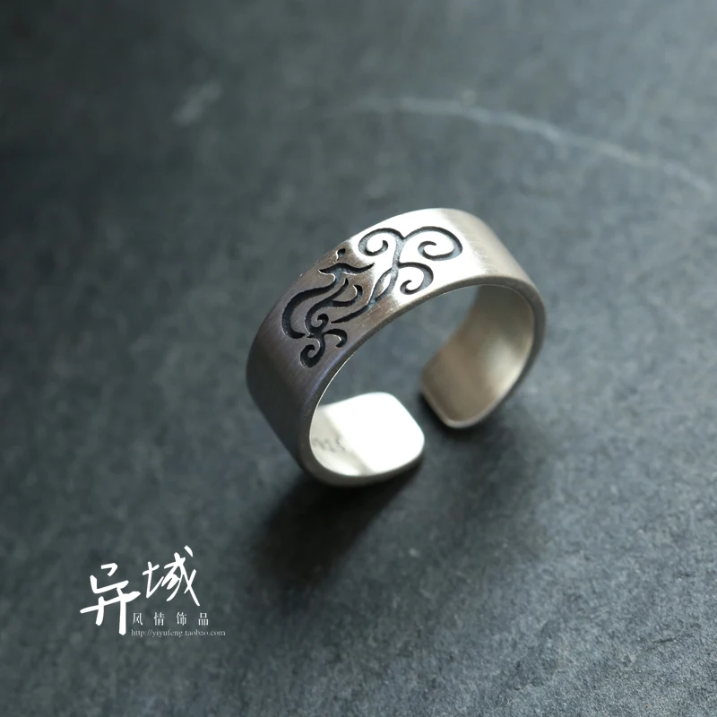

Real 925 Sterling Silver Open Ring Fine Jewelry Rings for Women Bohemian Adjustable Phoenix Design Vintage Simple Wide-faced