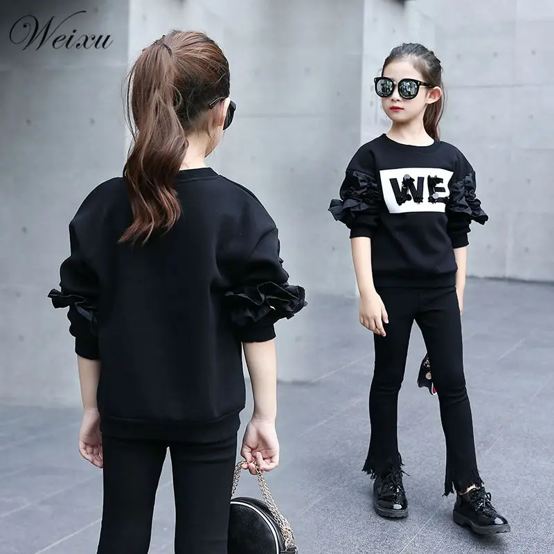 

Осенние Топы Weixu для маленьких девочек, футболки 2019 в Корейском стиле с черными цветами и длинным рукавом, базовая футболка, одежда для подростков для девочек 12 лет