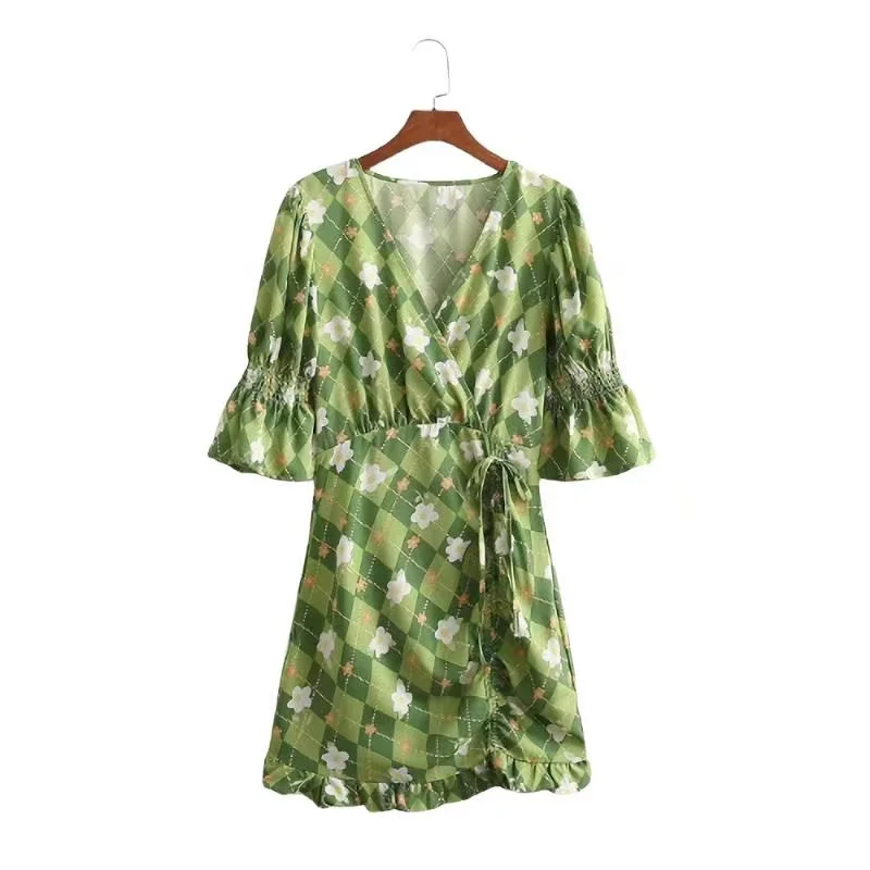 

Повседневное женское короткое платье PUWD с зеленым цветочным принтом, весна 2022, модные женские эластичные платья с пышными короткими рукава...