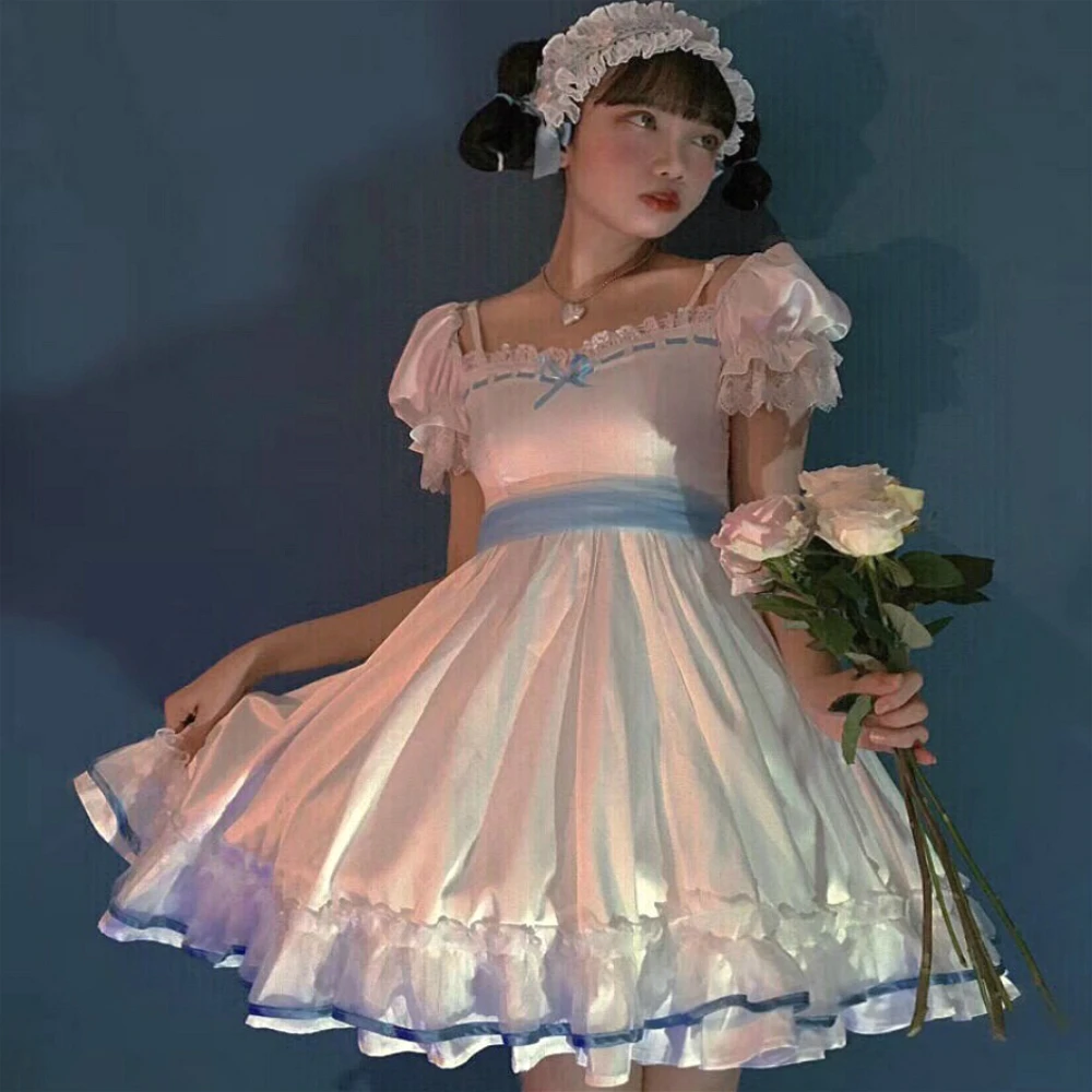 Готическое винтажное милое платье лолиты с квадратным воротником пышным рукавом