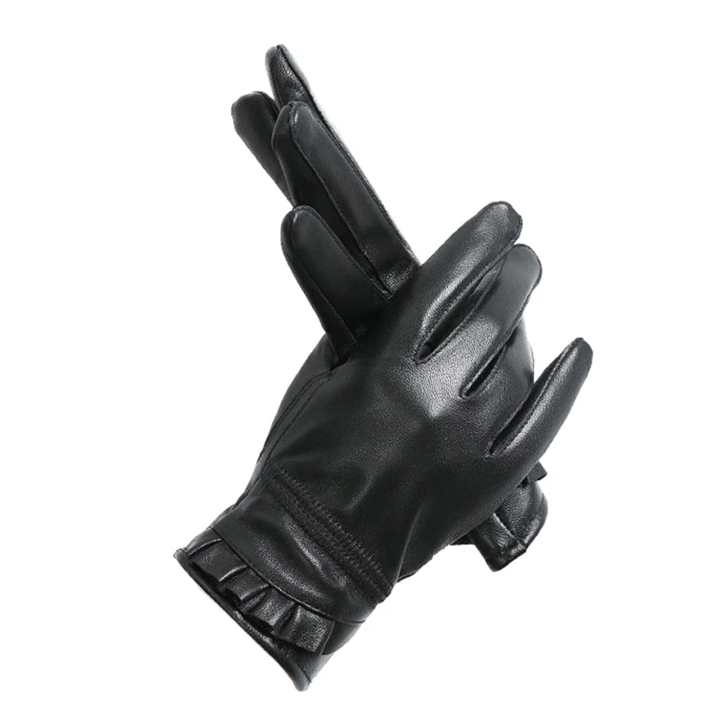 

Fashion Womens Leather Gloves Real Sheepskin Women Genuine Leather Wrist Solid Autumn Warm Mittens Female Lace Gloves S2507