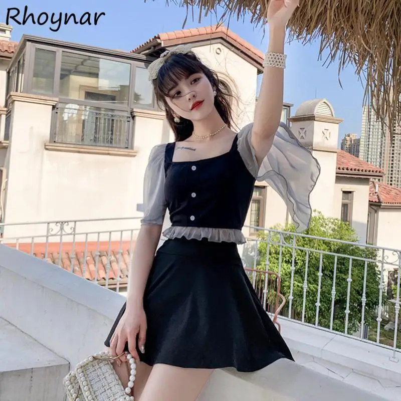 

Bikini Set Women Korean Style Mesh Patchwork Sweet Gothic Punk Girls Bodysuit Swimwear Two Pieces Preppy High Waist Casual Lady