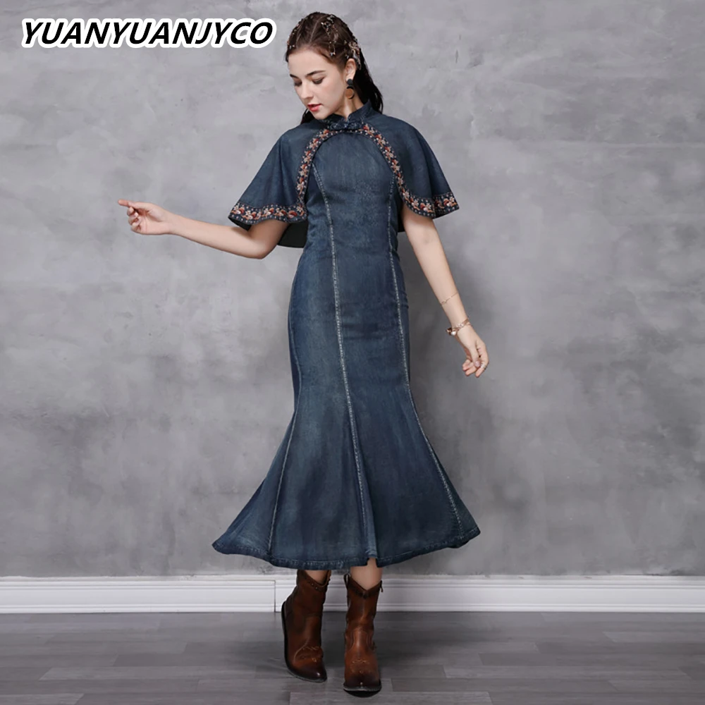 

YUANYUANJYCO Spring Autumn Women Long Vintage Denim Dresses Patchwork Embroidery Floral Sleeveless Slim Sexy Mermaid Clothes