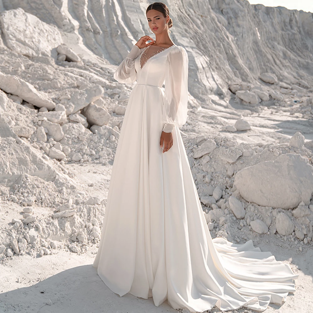 

Элегантное свадебное платье-трапеция с длинным рукавом, открытой спиной, вырезом лодочкой и жемчужинами, свадебные платья со шлейфом, 2021