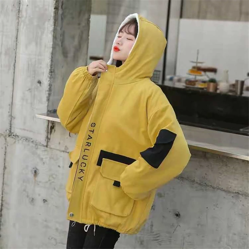 Women Korean Style Loose Warm Hooded Casual Jackets Winter Thickening Cashmere Biker Jacket Street Wear Big Pocket Windbreaker