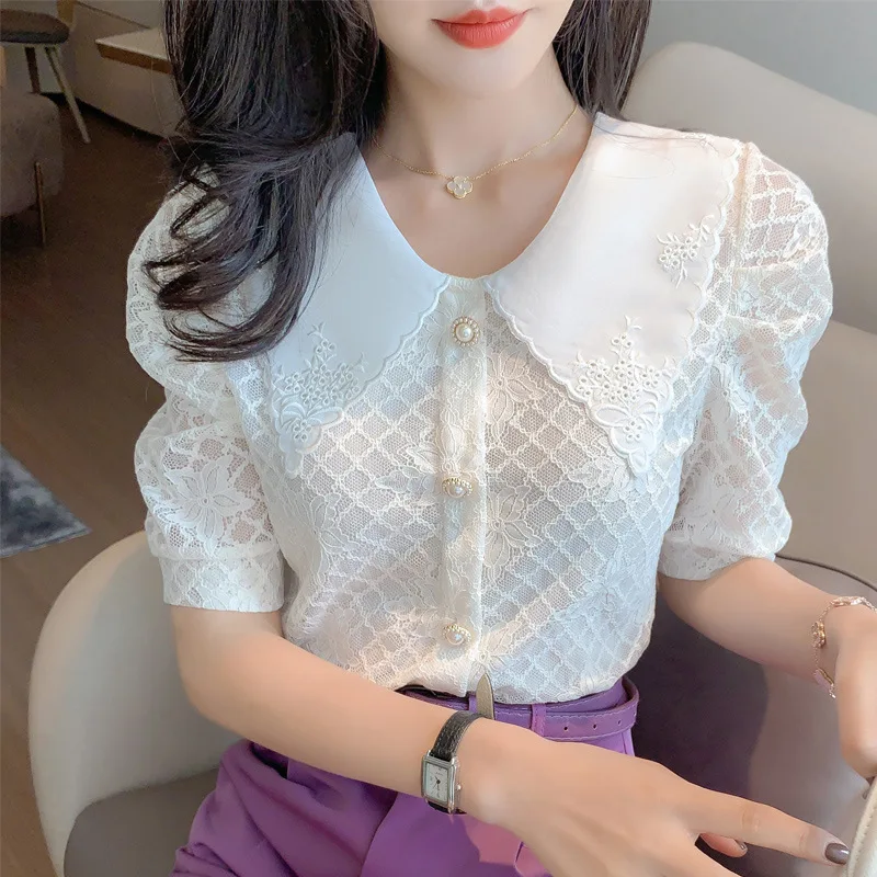 

Chiffon Blouse short sleeve 2021 new summer dress temperament doll collar design feeling foreign style lace cardigan