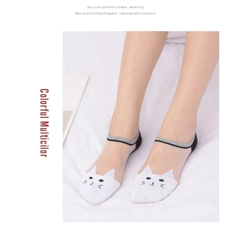 

Hot Sale New Transparent Cartoon Cat Short Socks Women Summer Hollow Out Female Sexy Soft Low Invisible No Show Boat Sock