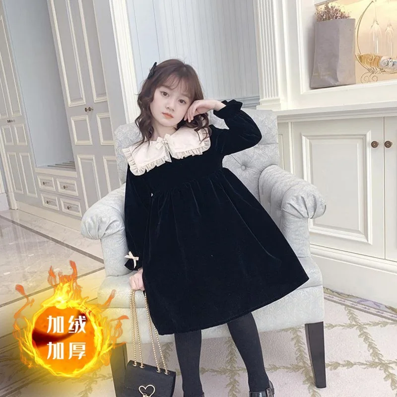 Ropa de oto&ntilde;o e invierno para ni&ntilde;as, ropa de terciopelo de estilo occidental, vestido de princesa forrado con forro polar, novedad-0