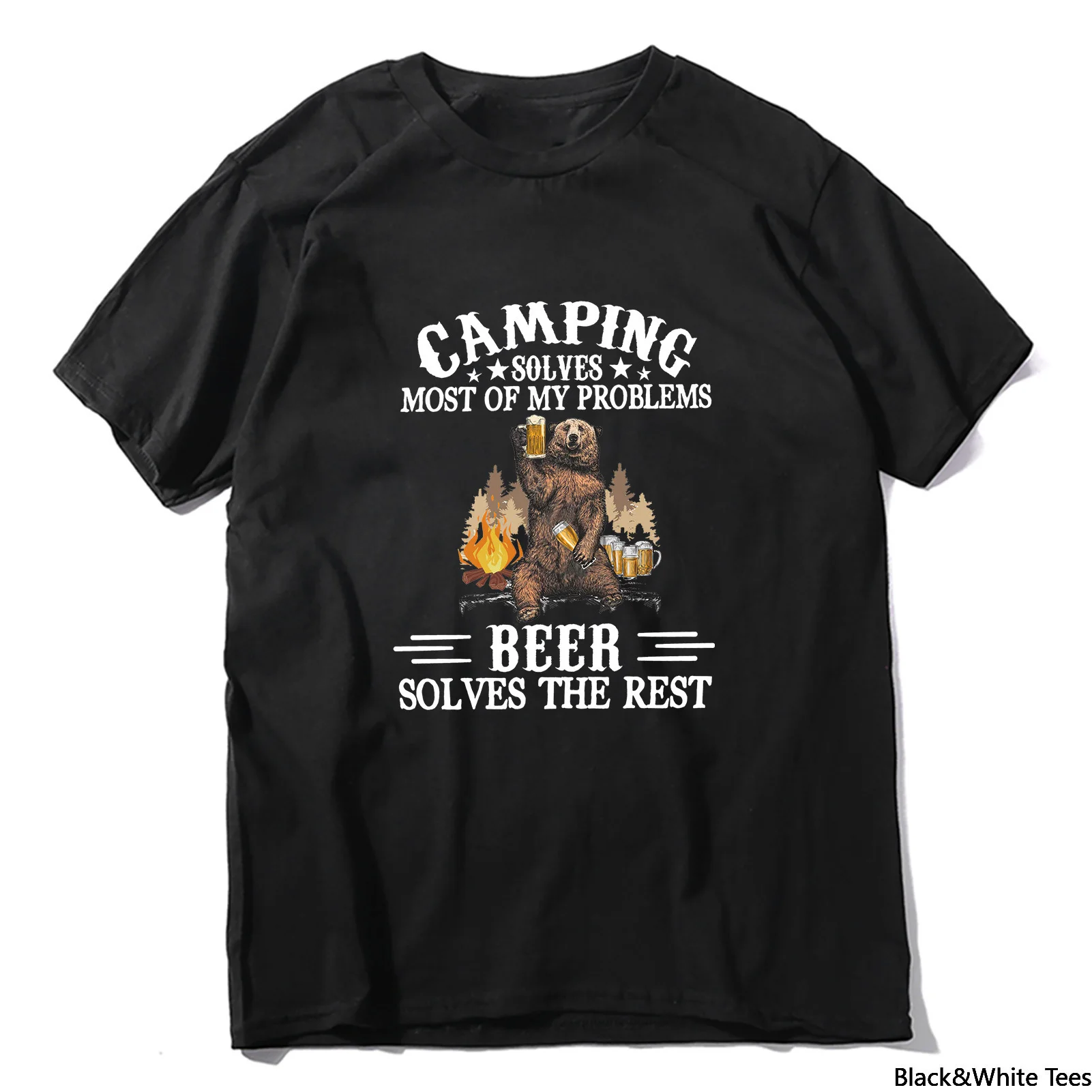 

Camping Solves Most Of My Problems Beer Solves The Rest Vintage Men's Short Sleeve T-Shirt Streetwear Tee