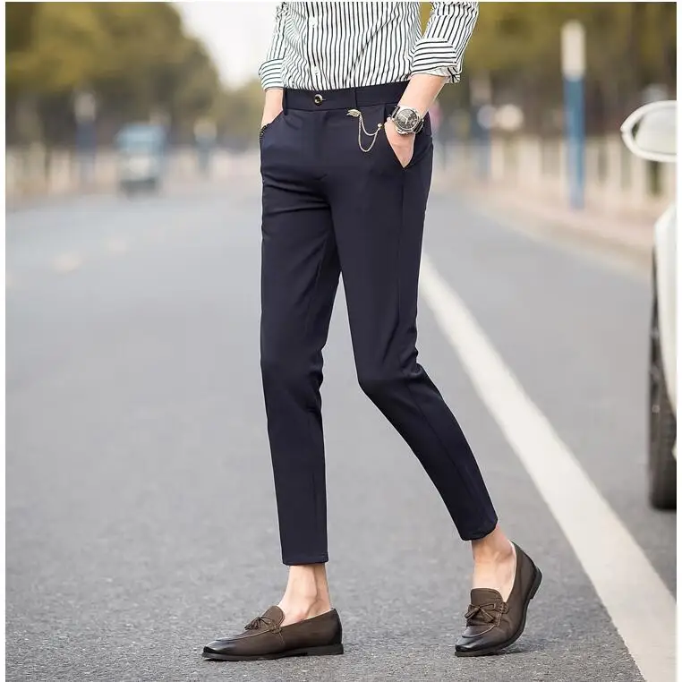 Мужские костюмные брюки облегающие клетчатые мужские летние тонкие модные до