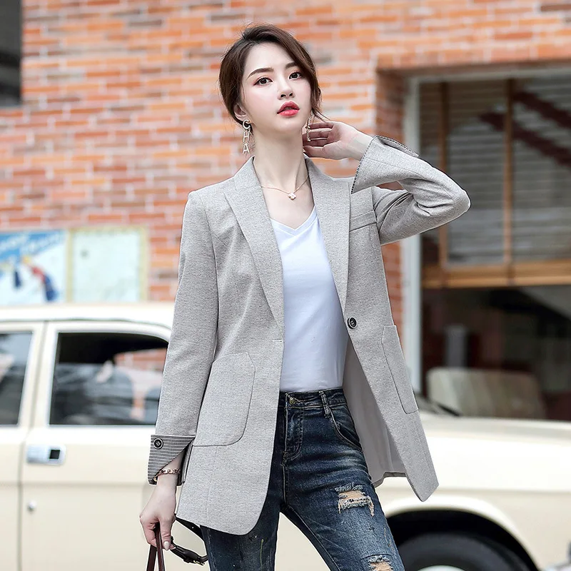 2020 Autumn Women's Long Blazers Solid Dark Light Grey Black Pockets Formal Suits Jackets Office Ladies Notched Outerwear Tops