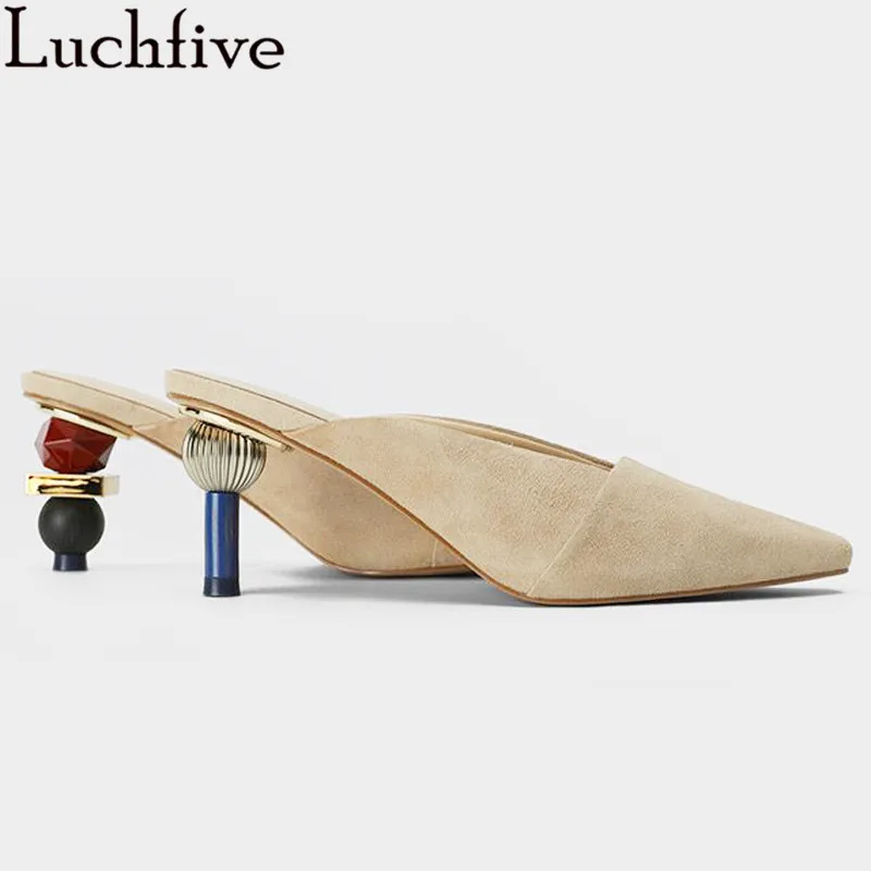 Женские замшевые туфли без задника с закрытым носком на высоком каблуке летние