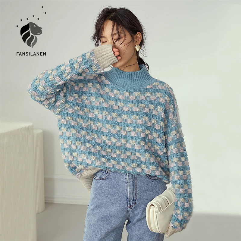 

FANSILANEN Oversized blue plaid knitted sweater Women spring long sleeve casual pullover Female casual streetwear loose jumper