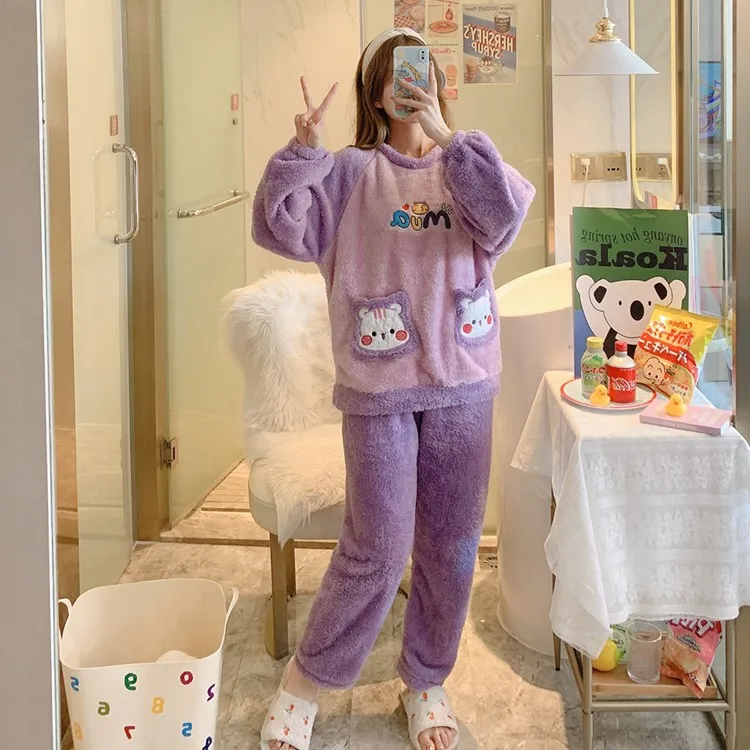 Pijamas Kawaii de felpa gruesa para padres e hijos, ropa de franela de manga larga para mantener el calor, bonita, de dibujos animados, para el hogar y la familia, Invierno-3