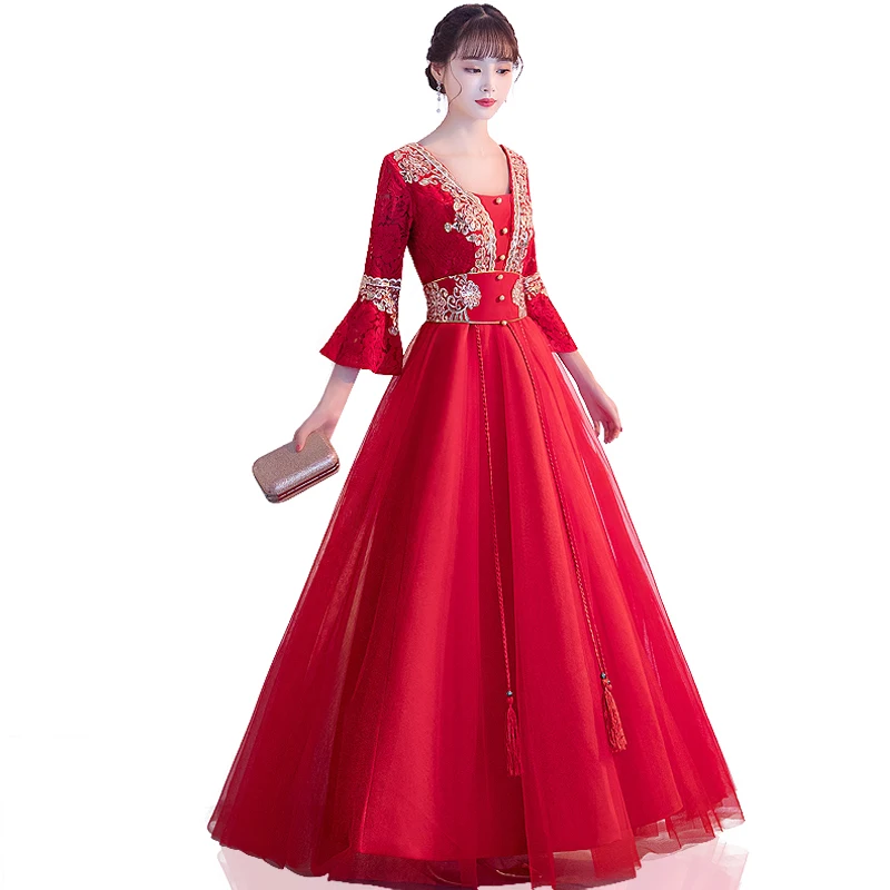 Elegant Chinese Style Women Wedding Qipao Red Bride Embroidery Modern Cheongsam Long Party Gown Vestido