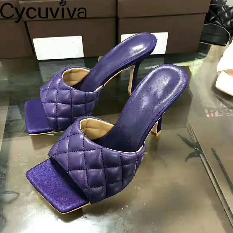 Chic Rhombus Genuine Leather Slippers Classic Square Toe High Heels Summer Sandals Femme Sexy Runway Party Shoes Woman | Обувь