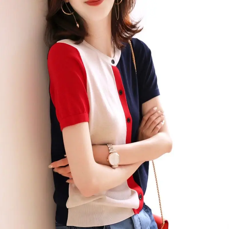 Color-blocking loose ice silk short-sleeved T-shirt women 2019 summer new contrast color thin knitted cardigan top