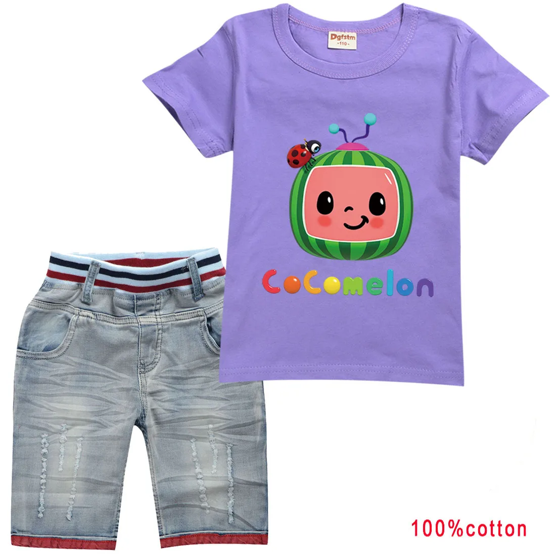 

Cartoon Kawaiyi Boys Cocomelon Clothes Kids 100% Cotton T-shirts Denim Shorts 2pcs Sets JoJoed Watermelon Toddler Girls Outfits