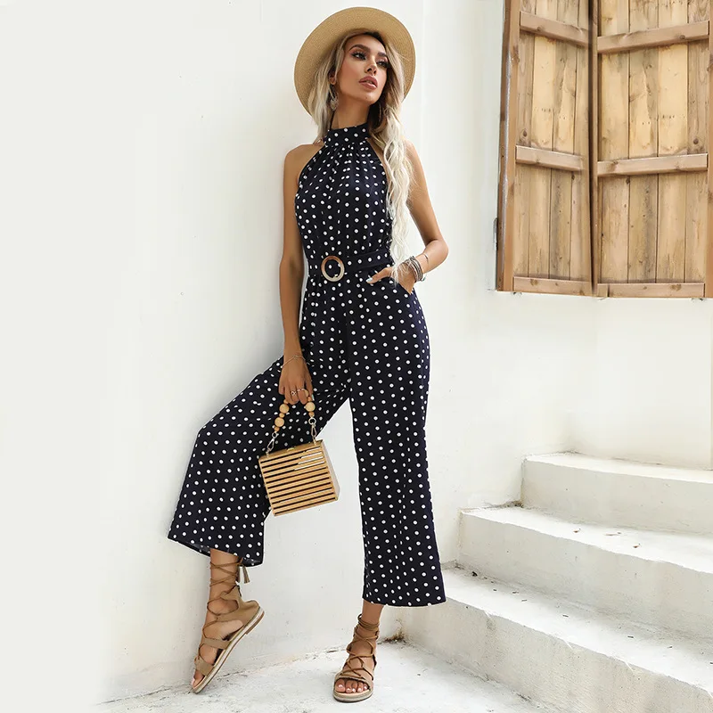 

JLI MAY Belted Polka Dot Jumpsuits Women Ladies Halter Sleeveless One Piece Outfit Casual Streetwear Ankle-Length Pants Summer