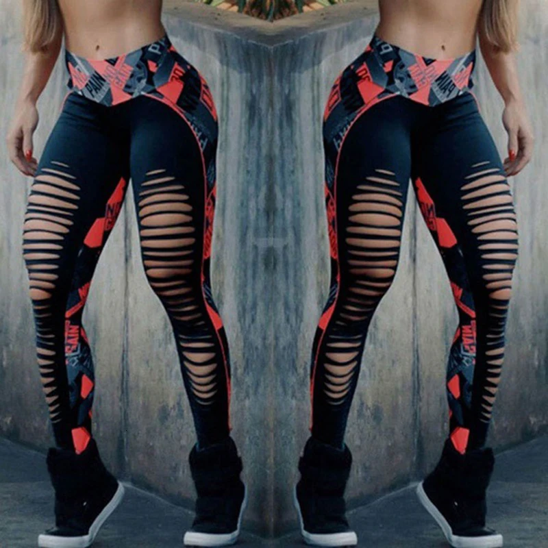 

2019 New Women Yoga Pants Sexy Hollow Color Printing Fitness Stretch Hip High Waist Tight Sports Running Female Leggings