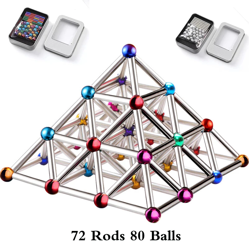 

Magnetic Bars And Balls Neutral Metal 72 Rods 80 Balls Construction Sets Puzzle Stacking Game Sculpture Desk Toys Hot!