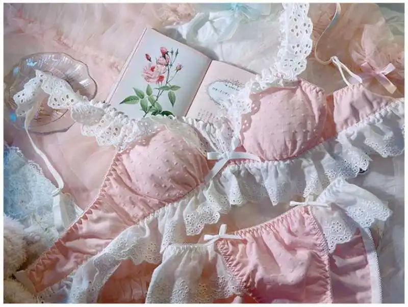 

Retro Japanese Sexy Cute Lace Lingerie 2021 Set Underwear Women White Pink Bra and Panty Thong Panties Princess Nightwear