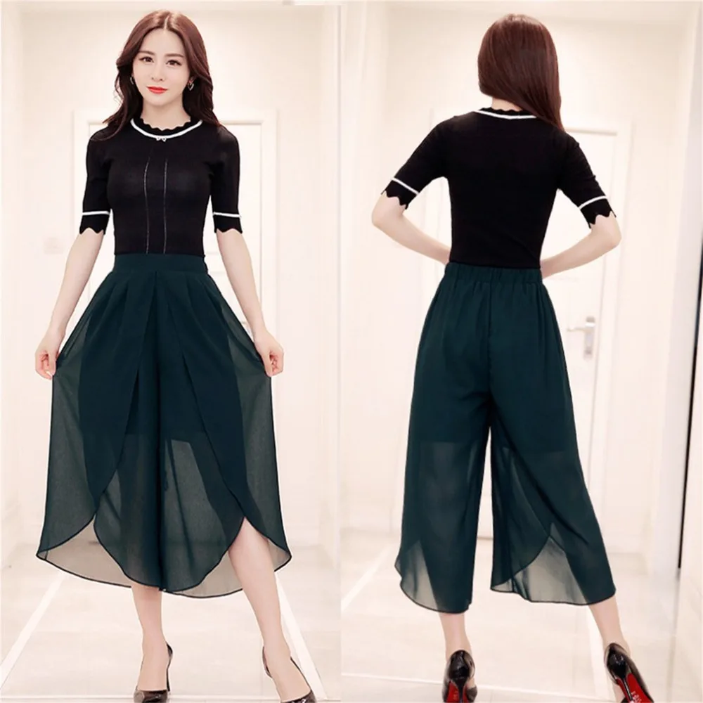 Однотонные шифоновые широкие брюки для женщин с высокой талией тянущиеся