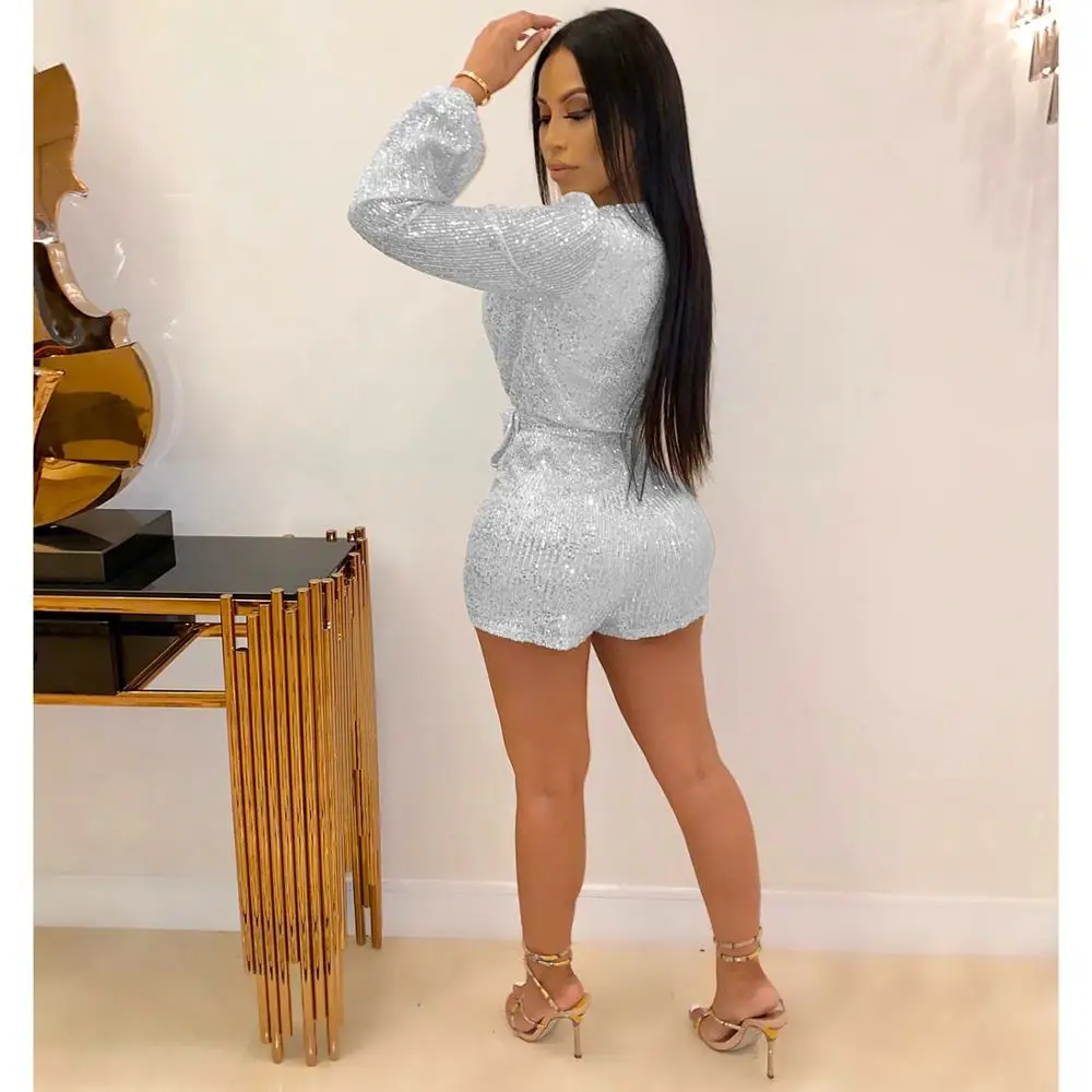 Модные блестящие тканевые комбинезоны с длинным рукавом женские сексуальные