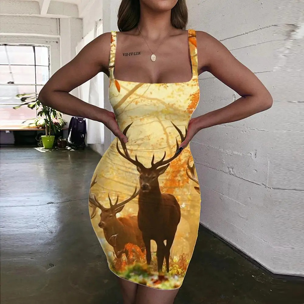 

KYKU Deer Dresses Women Animal Ladies Dresses Tree Sundress Forest Bodycon Dress Womens Clothing Mini Evening Short Beach
