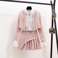 jsxdhk fashion women tweed 2 piece set autumn winter sweet pink pearls beaded plaid short jacket coat mini pleated skirt set