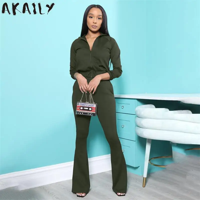 

Akaily Autumn 2 Two Piece Sets Tracksuit Womens Outfits Black Long Sleeve Zipper Crop Top Flare Pants Sets Ladies Matching Sets