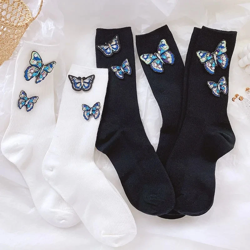 

Новинка 2021, сексуальные сетчатые носки ручной работы с трехмерными бабочками, черные прозрачные тонкие художественные носки ручной работы