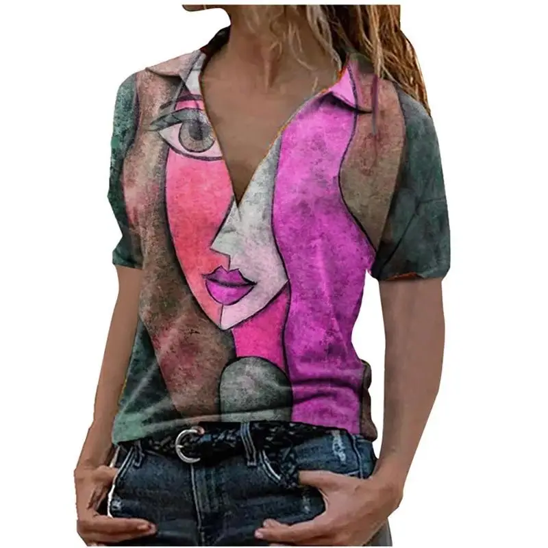 

Women Summer Fashion Loose Large Size T Shirts Face Printed Short Sleeve Casual Pullover Ladies Tops