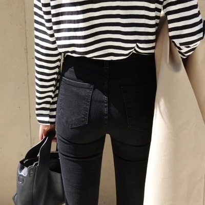 

New autumn small black female nine minutes of pants elastic straight jeans tall waist leisure trousers