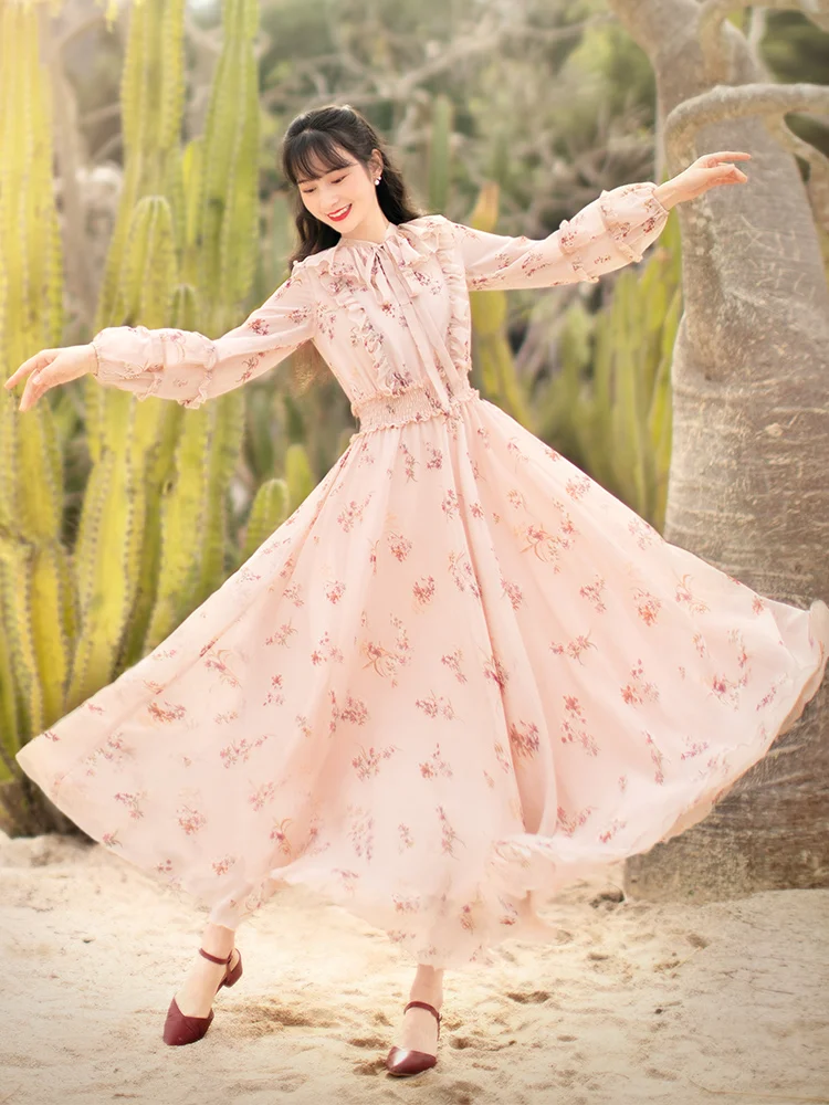 

Free Shiping Boshow 2022 Fashion Women Long Maxi Lantern Sleeve Dresses Spring Summer Bohemian Pink Flower Ruffles Dress Chiffon