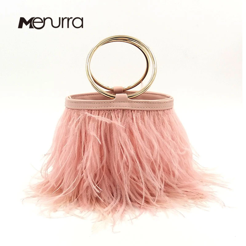 Luxury Real Ostrich Feathers bucket bag Handbag Evening Bags Women's Pink Green Diamond Clutch Party Messenger Bag For Ladies | Багаж и