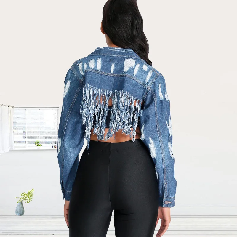 2020 New street Style Tassel Ripped Cropped Jean Jacket Sexy Backless Short Denim Coat Female Outwear Plus Size 5XL | Женская одежда