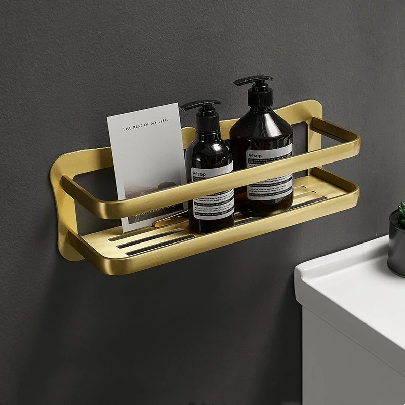 

Brushed Gold Bathroom Shelf Aluninum Shower Shampoo Soap Cosmetic Kitchen Corner Holder Single Tier Bath Accessories Nail Free