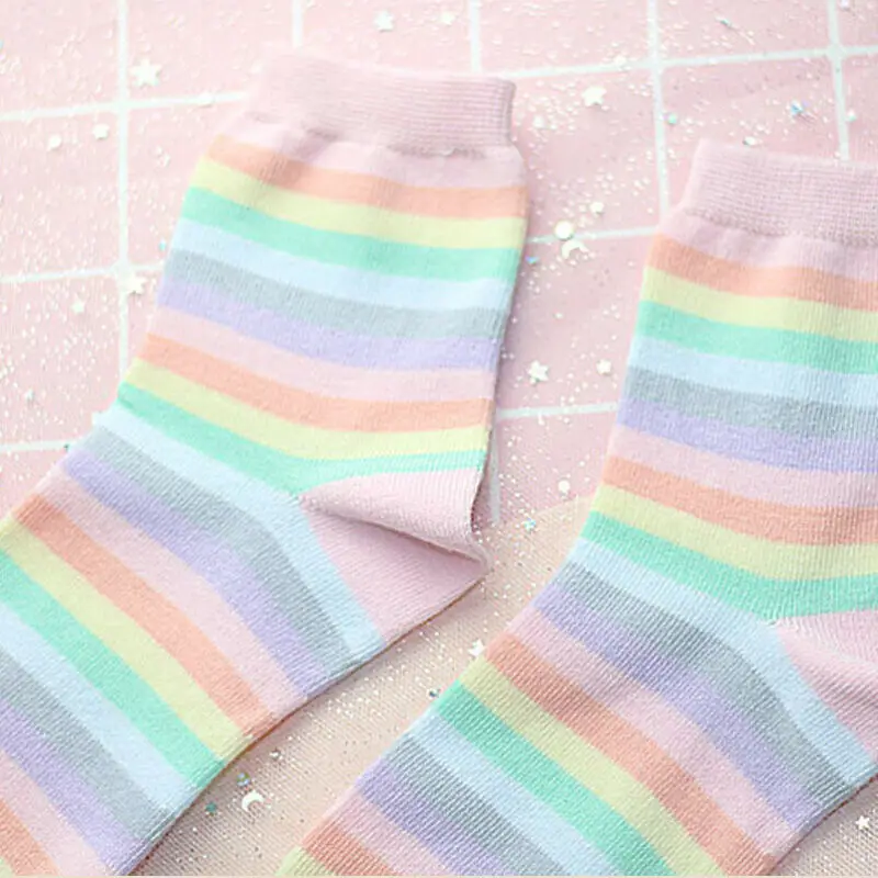 2019 NEW Arrival Fashion Sock Multi-Colour Rainbow Thin Striped Girls Womens Ankle Socks Cotton Lovely Chirstmas Stripe | Женская одежда